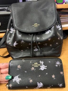 Coach Black Floral & Puppy Print Backpack with Matching Wallet